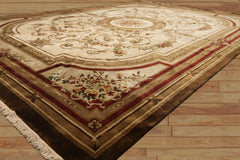 9x12 Ivory, Brown, Maroon Color Hand Knotted French Aubusson Savonnerie New Zealand Wool Traditional Oriental Rug