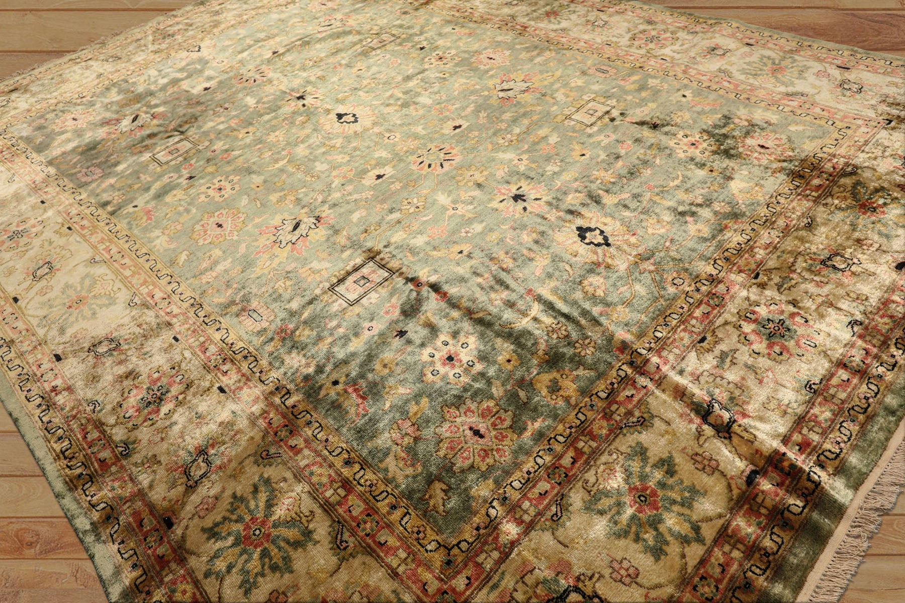 9x12 Sage, Beige, Rose Color Hand Knotted Oushak 100% Bamboo Silk Traditional Oriental Rug