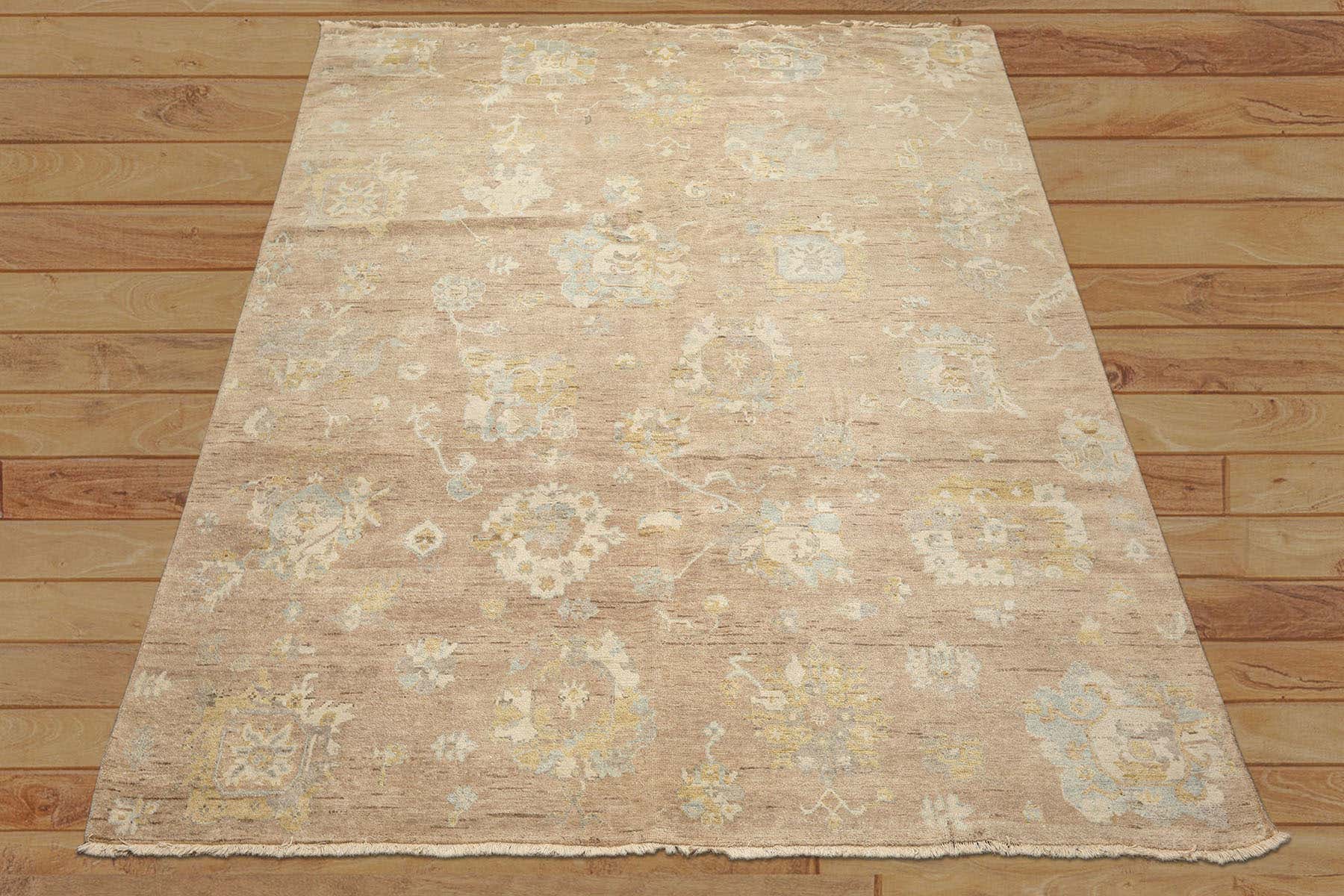 8x10 Faded Blush, Aqua, Gold Color Hand Knotted Oushak Wool Transitional Oriental Rug
