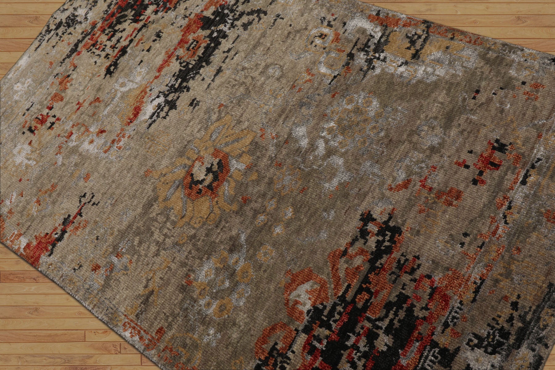 3x5 Gray, Rust, Moss Color Hand Knotted Tibetan Wool and Silk Modern Oriental Rug