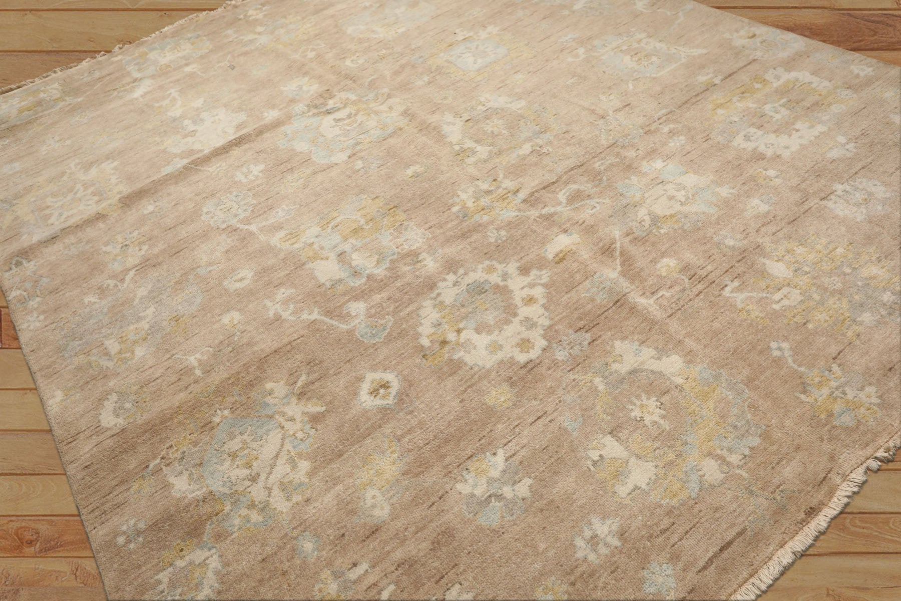 8x10 Faded Blush, Aqua, Gold Color Hand Knotted Oushak Wool Transitional Oriental Rug