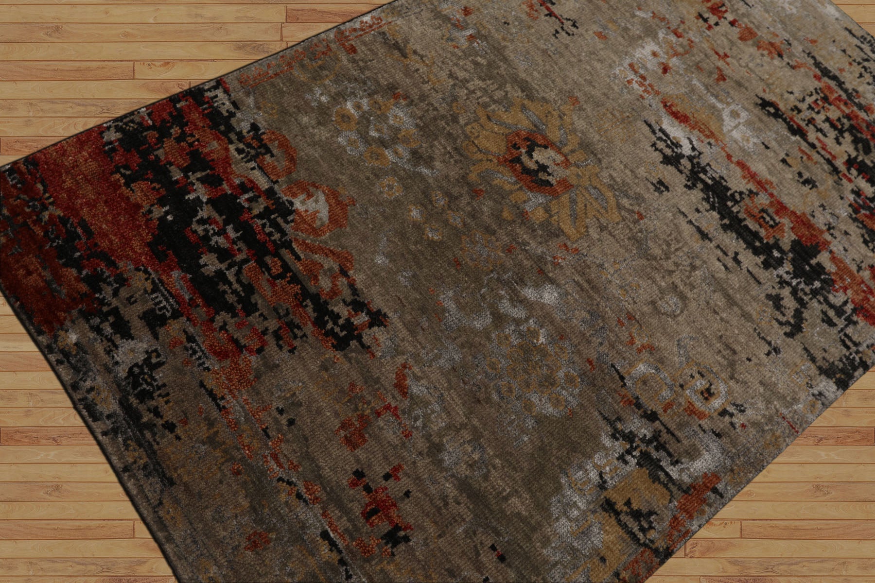 3x5 Gray, Rust, Moss Color Hand Knotted Tibetan Wool and Silk Modern Oriental Rug