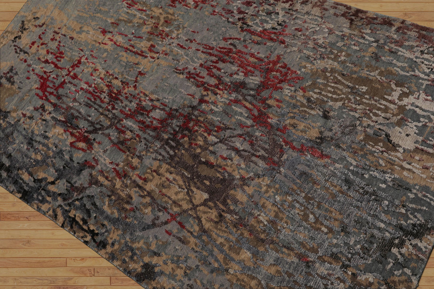 3x5 Gray, Blue, Coral Color Hand Knotted Tibetan Wool and Silk Modern & Contemporary Oriental Rug