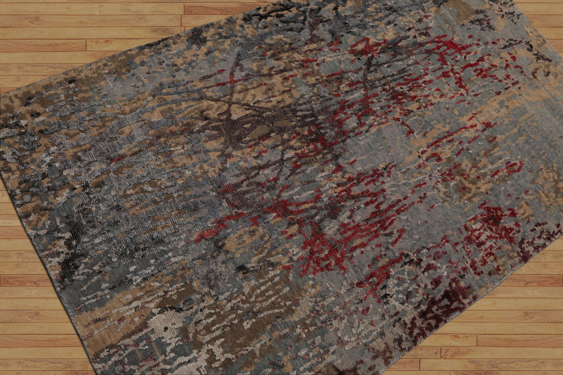 3x5 Gray, Blue, Coral Color Hand Knotted Tibetan Wool and Silk Modern & Contemporary Oriental Rug