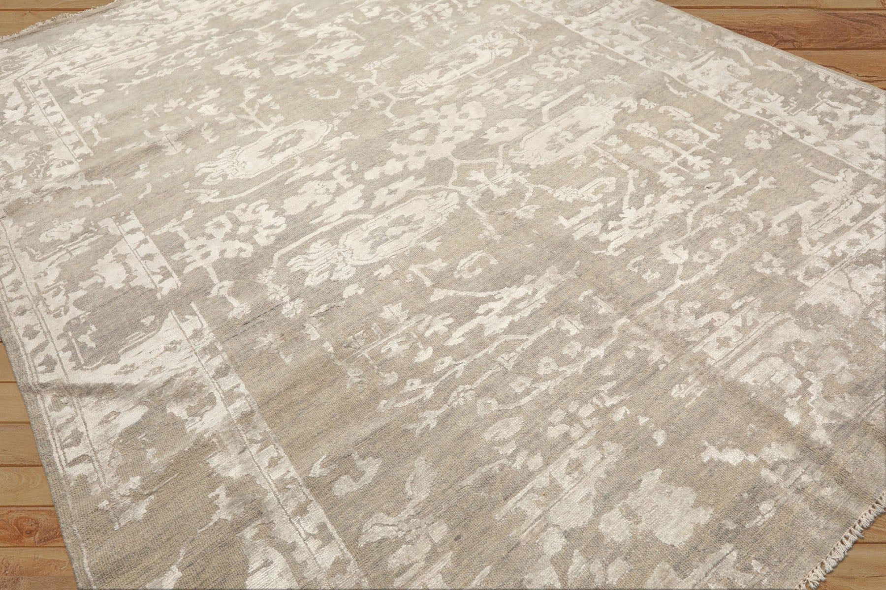 8x10 Tone on Tone Gray, , Color Hand Knotted Oushak Wool & Bamboo Silk Traditional Oriental Rug