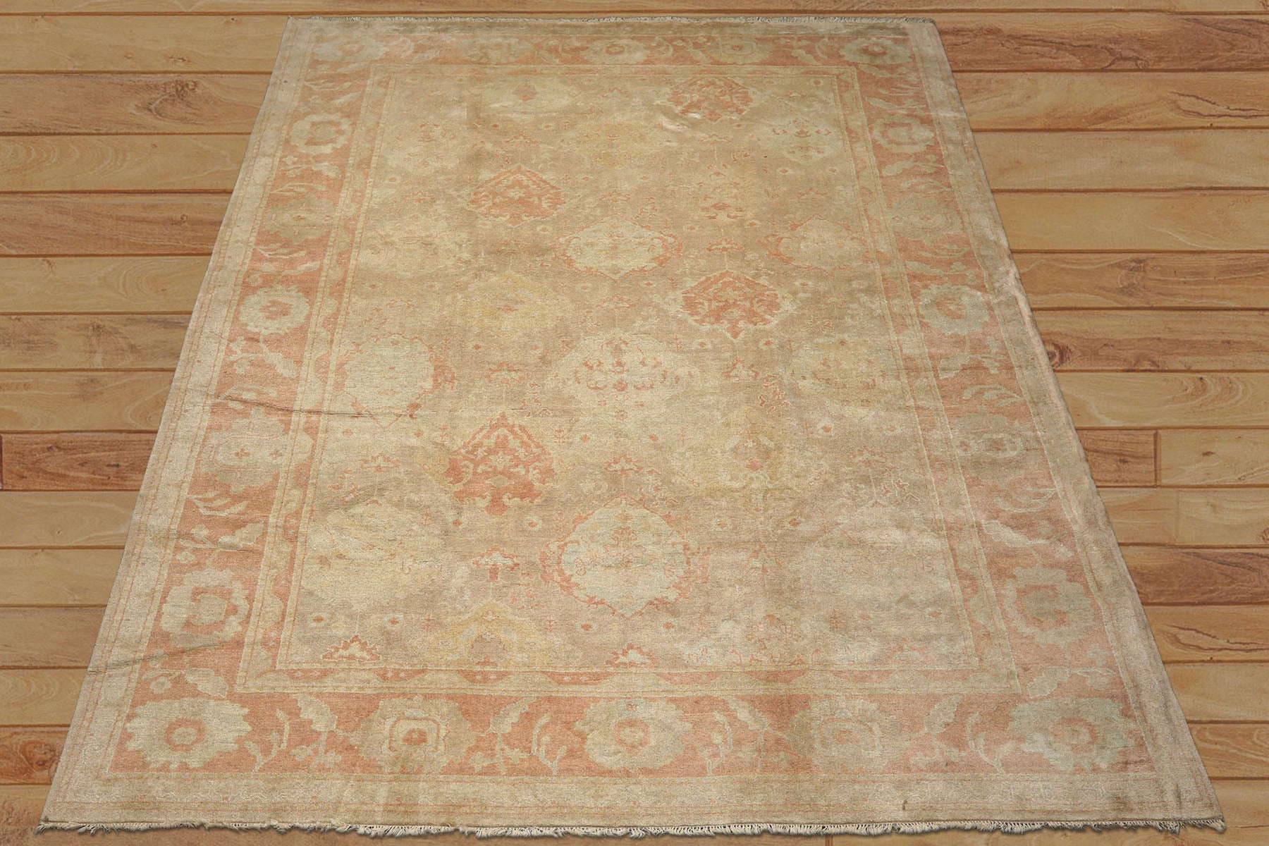 10x14 Beige, Rose, Aqua Color Hand Knotted Oushak Wool Traditional Oriental Rug