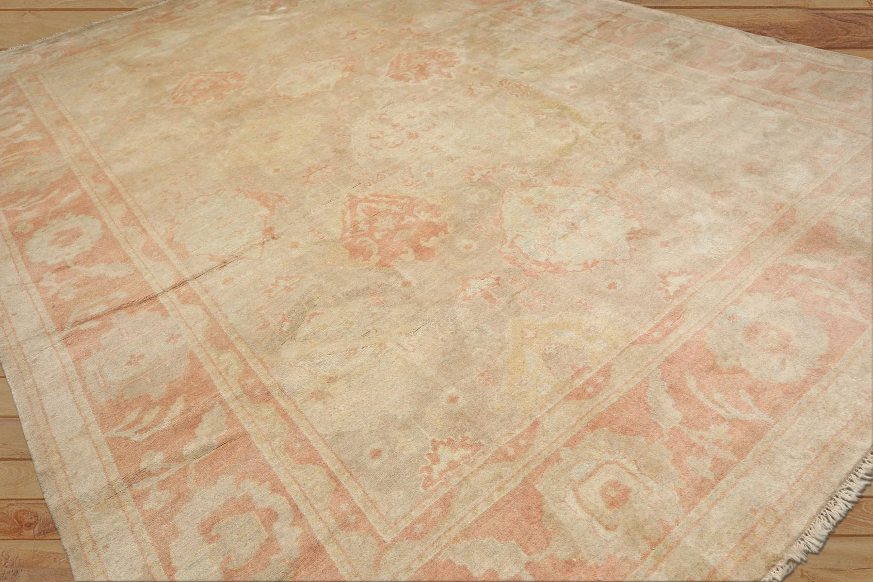 10x14 Beige, Rose, Aqua Color Hand Knotted Oushak Wool Traditional Oriental Rug