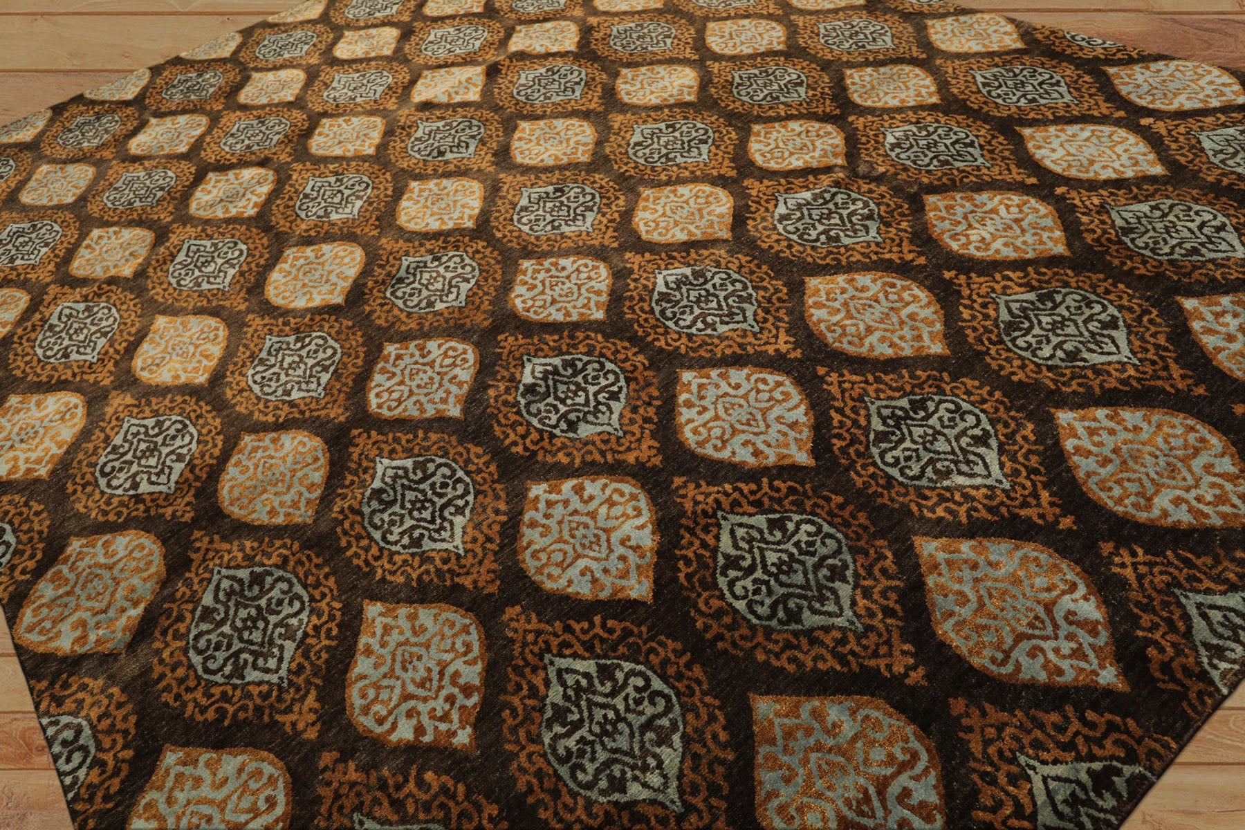 Multi Size Brown Aqua Caramel Color Hand Knotted Tibetan Wool Transitional Oriental Rug