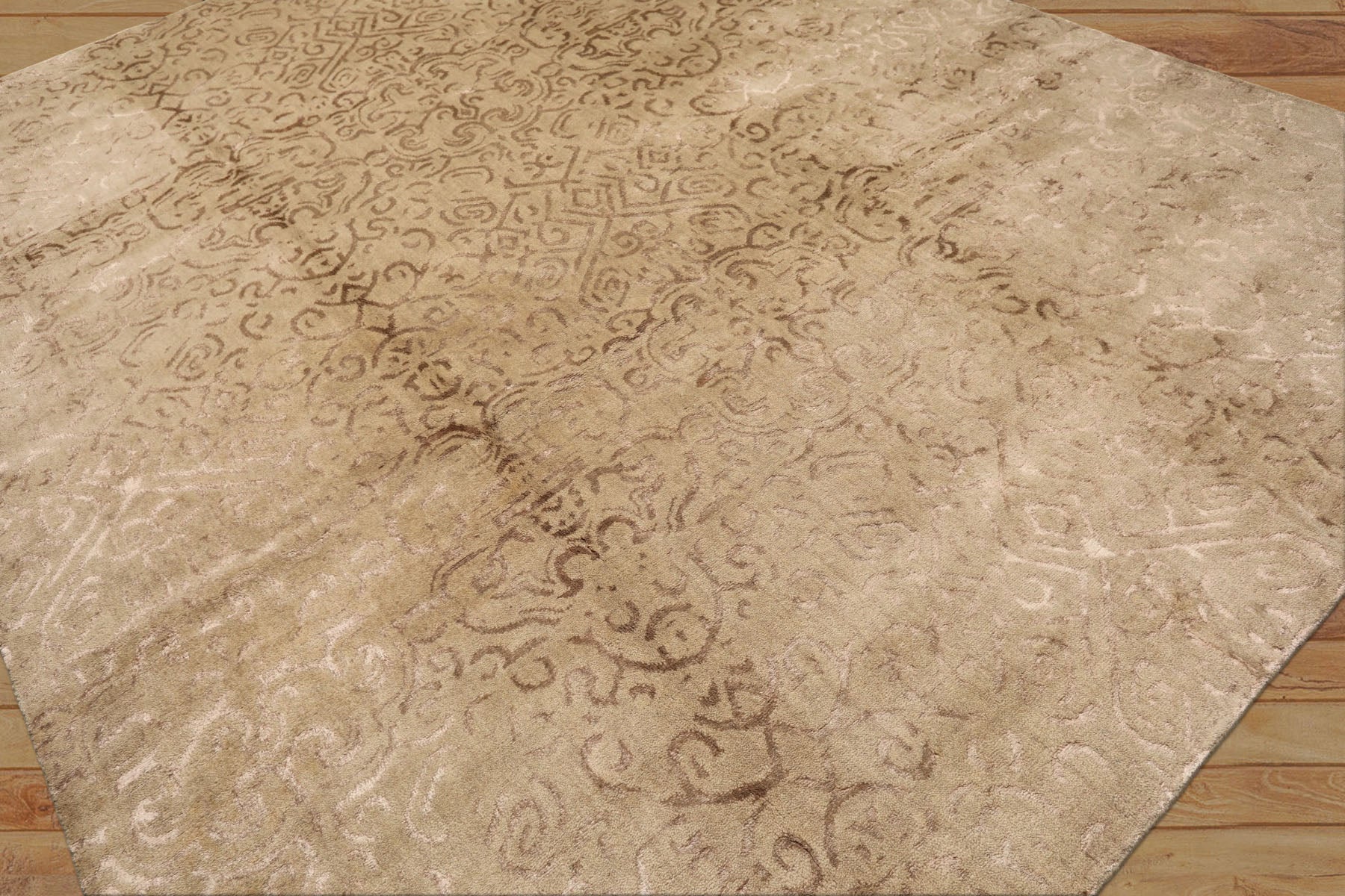 8x10 Beige, Tan, Color Hand Knotted Tibetan Wool & Bamboo Silk Transitional Oriental Rug