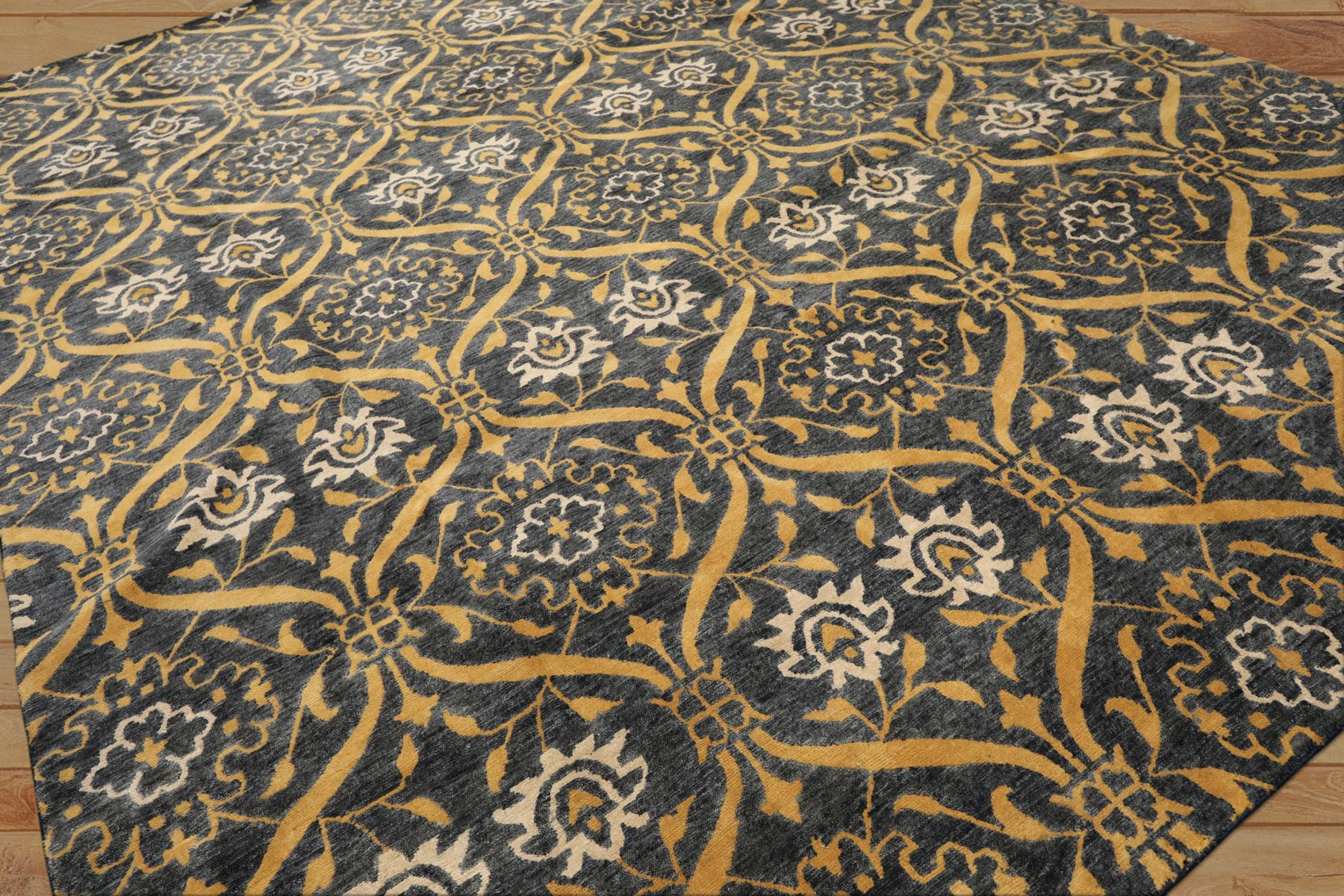 Multi Size Slate Blue Gold Color Hand Knotted Tibetan Wool Traditional Oriental Rug