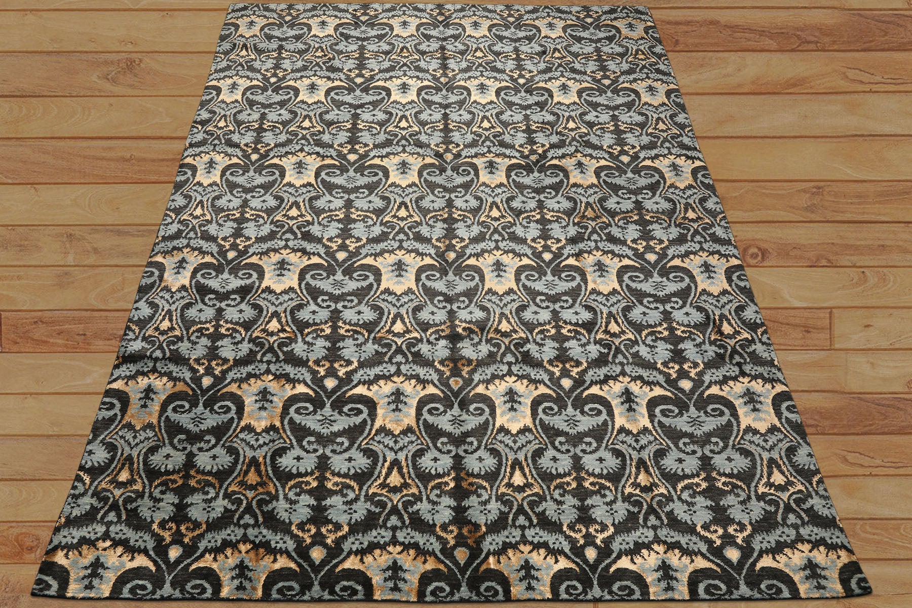9x12 Charcoal, Blue, Caramel Color Hand Loomed Tibetan Wool & Bamboo Silk Transitional Oriental Rug