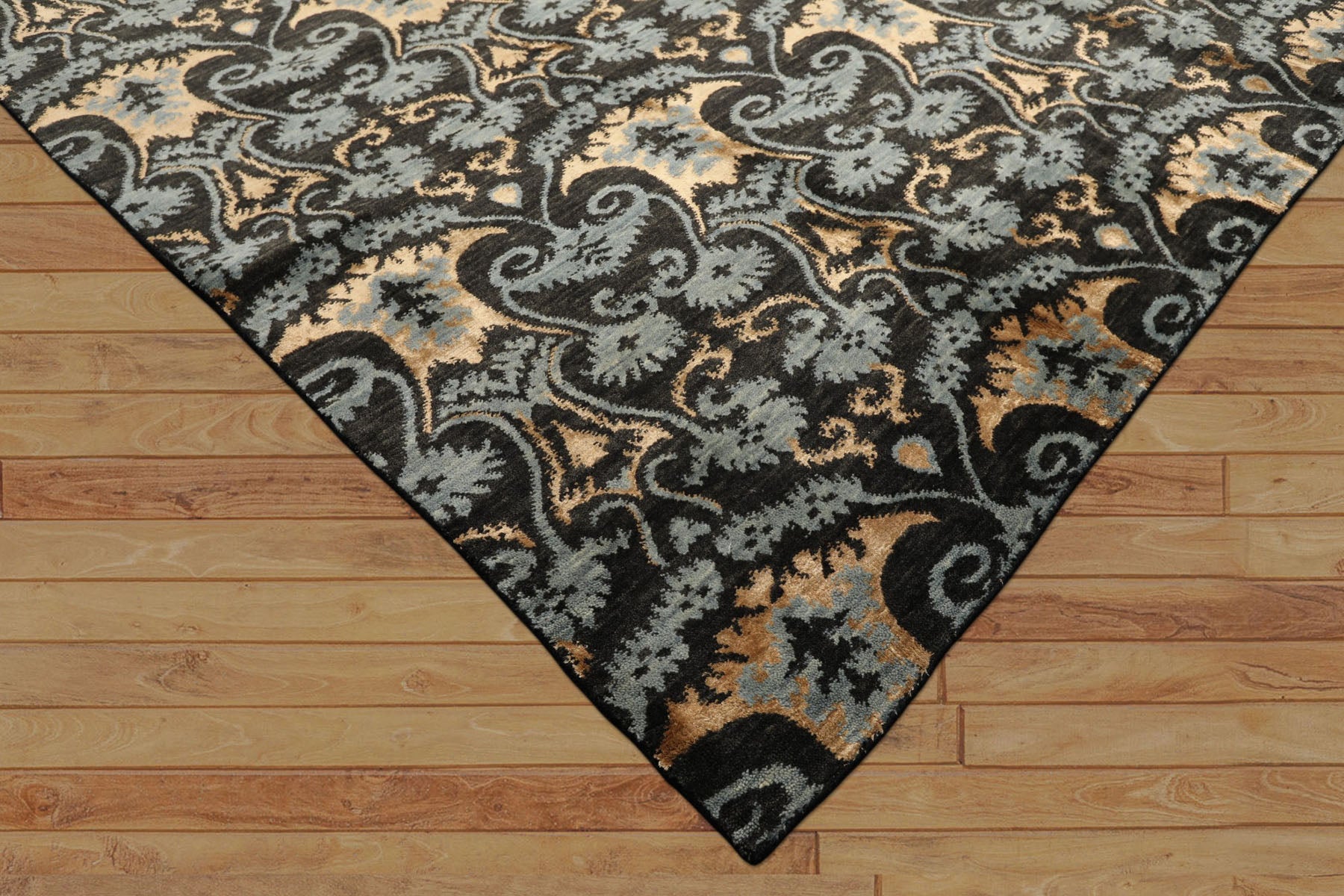 9x12 Charcoal, Blue, Caramel Color Hand Loomed Tibetan Wool & Bamboo Silk Transitional Oriental Rug