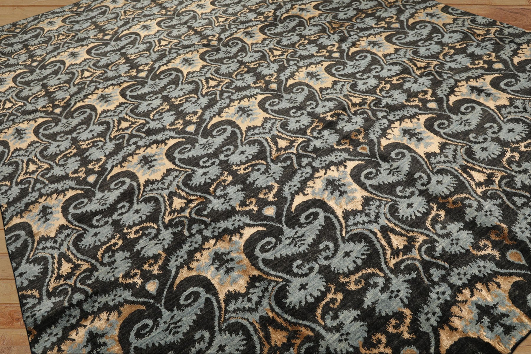 9x12 Charcoal, Blue, Caramel Color Hand Loomed Tibetan Wool & Bamboo Silk Transitional Oriental Rug