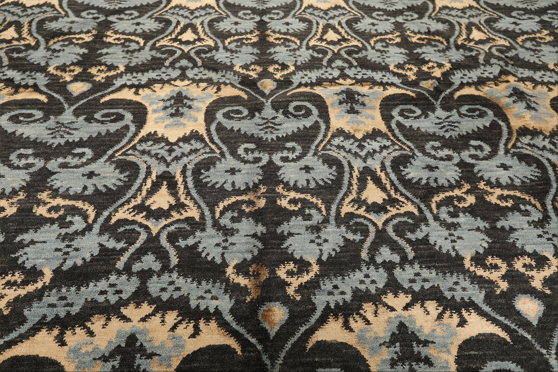 9x12 Charcoal, Blue, Caramel Color Hand Loomed Tibetan Wool & Bamboo Silk Transitional Oriental Rug