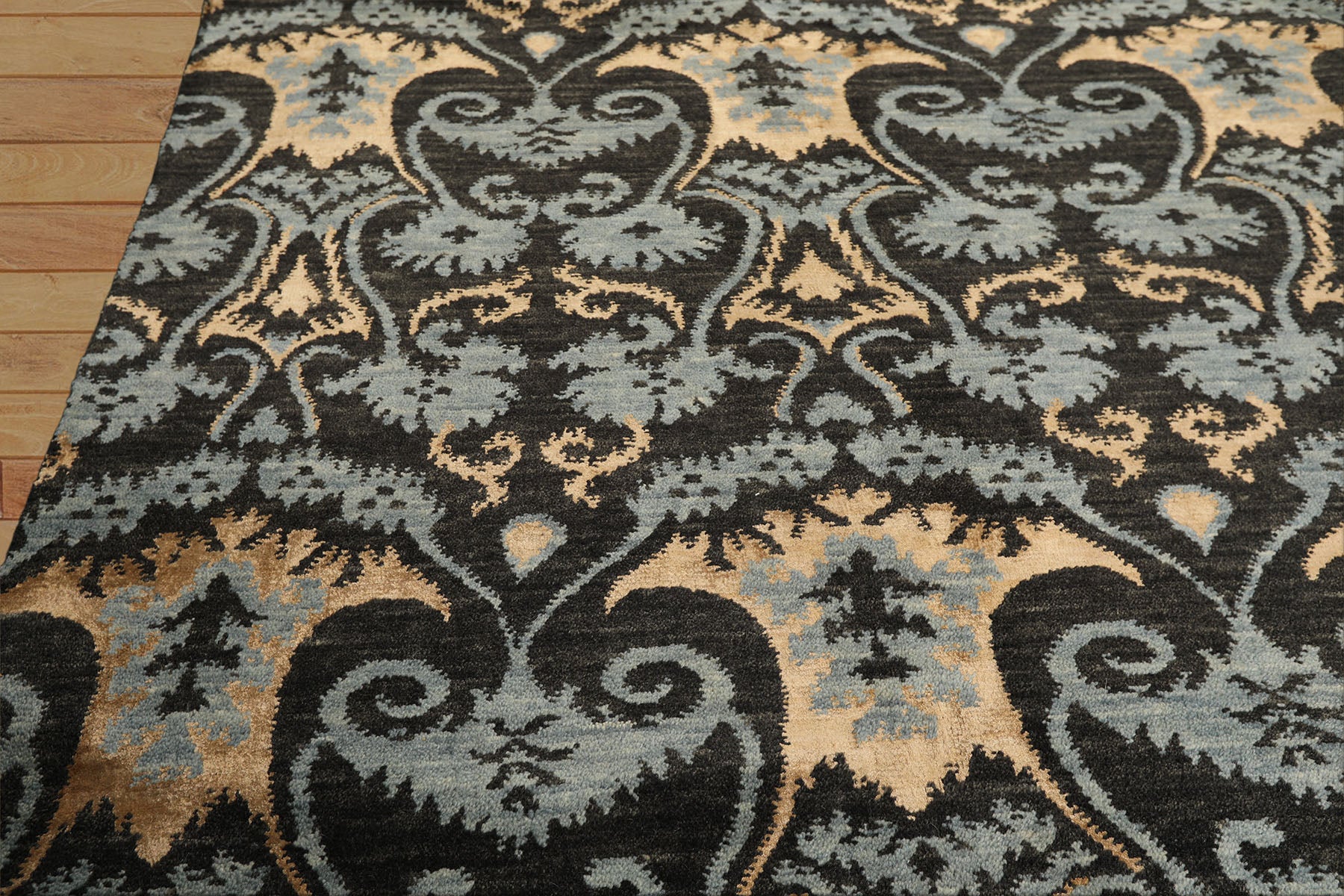 9x12 Charcoal, Blue, Caramel Color Hand Loomed Tibetan Wool & Bamboo Silk Transitional Oriental Rug