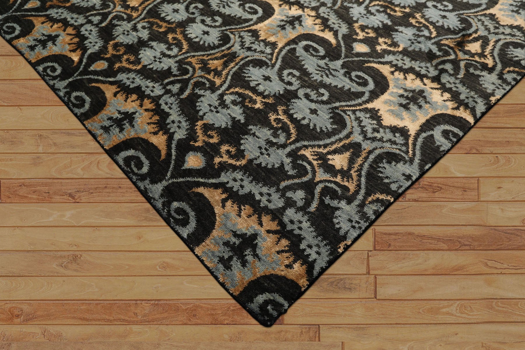 9x12 Charcoal, Blue, Caramel Color Hand Loomed Tibetan Wool & Bamboo Silk Transitional Oriental Rug