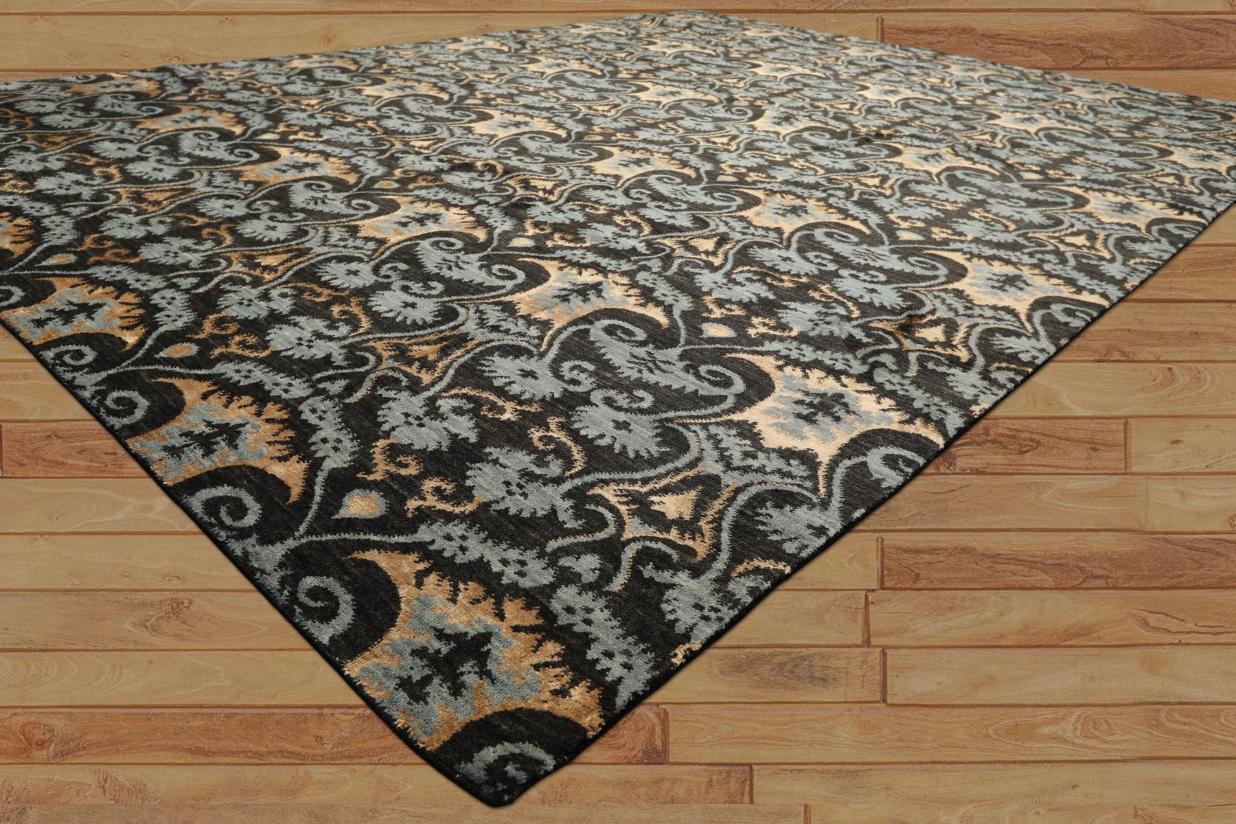 9x12 Charcoal, Blue, Caramel Color Hand Loomed Tibetan Wool & Bamboo Silk Transitional Oriental Rug