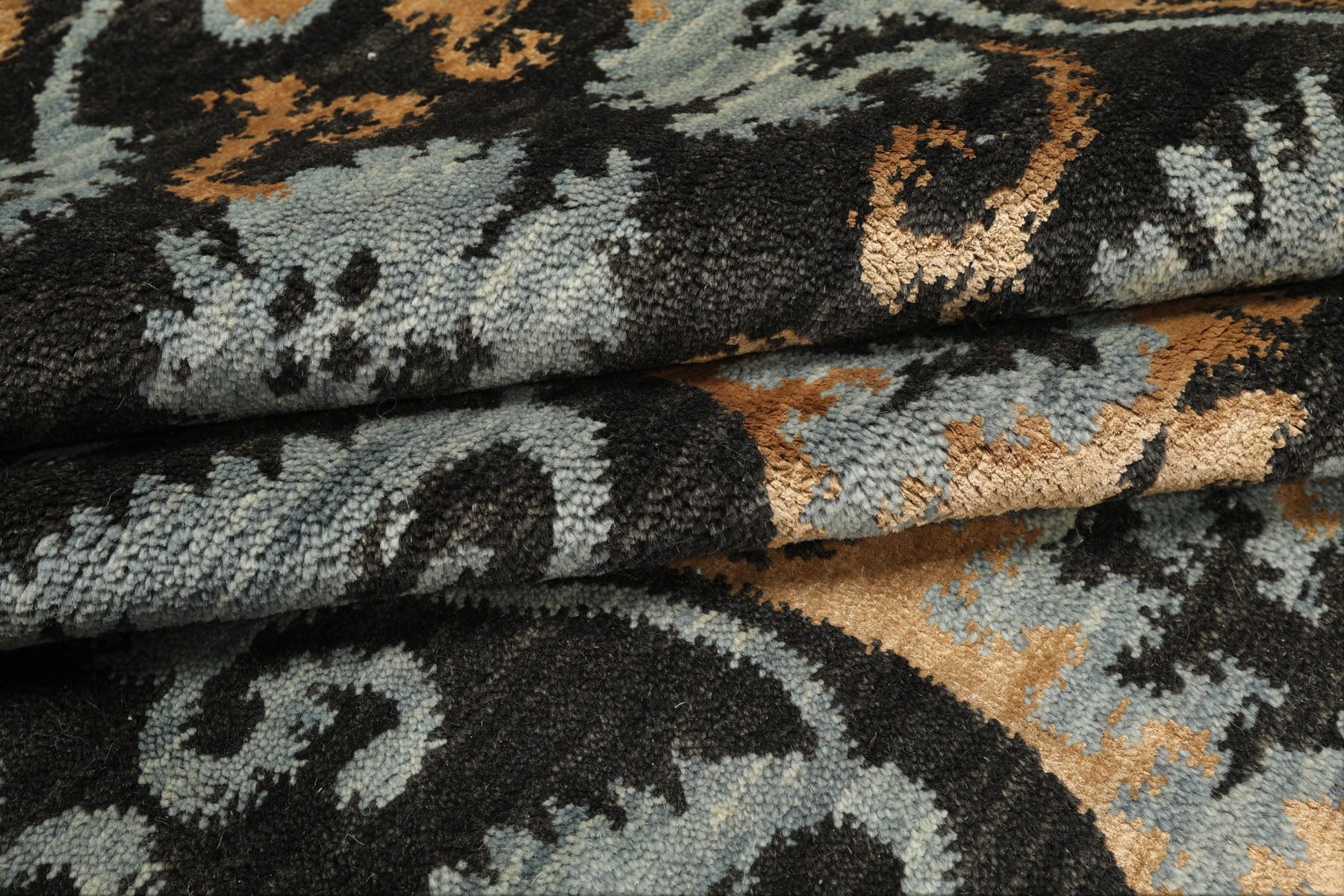 9x12 Charcoal, Blue, Caramel Color Hand Loomed Tibetan Wool & Bamboo Silk Transitional Oriental Rug