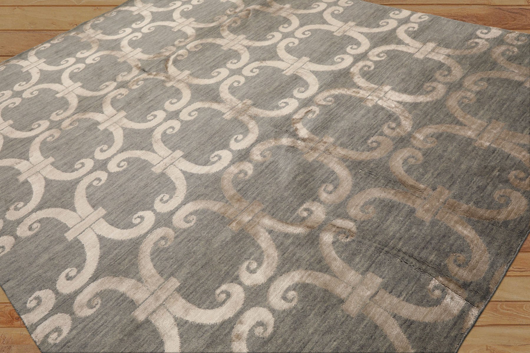 8x10 Slate, Beige, Color Hand Loomed Tibetan Wool & Bamboo Silk Transitional Oriental Rug