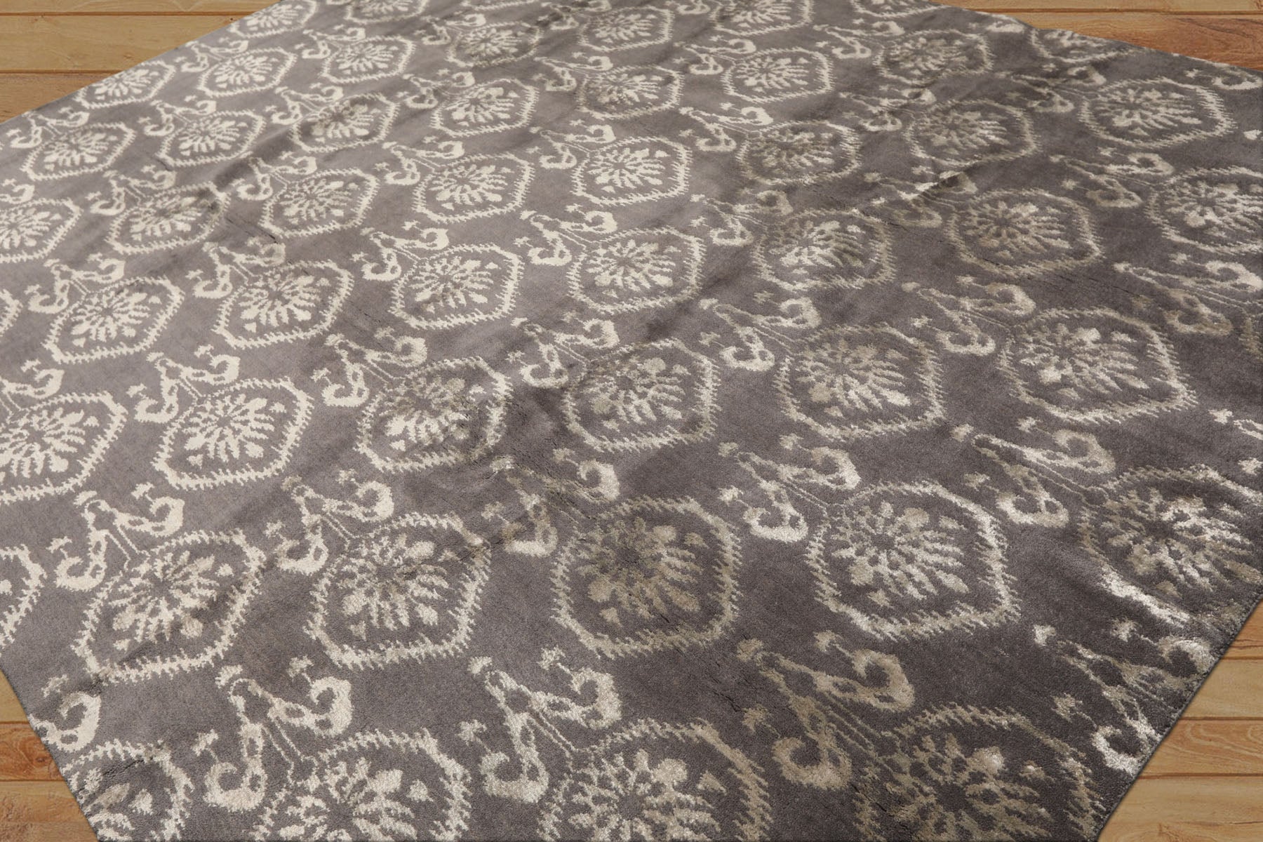 8x10 Graphite, Silver, Gray Color Hand Loomed Tibetan Wool & Bamboo Silk Transitional Oriental Rug