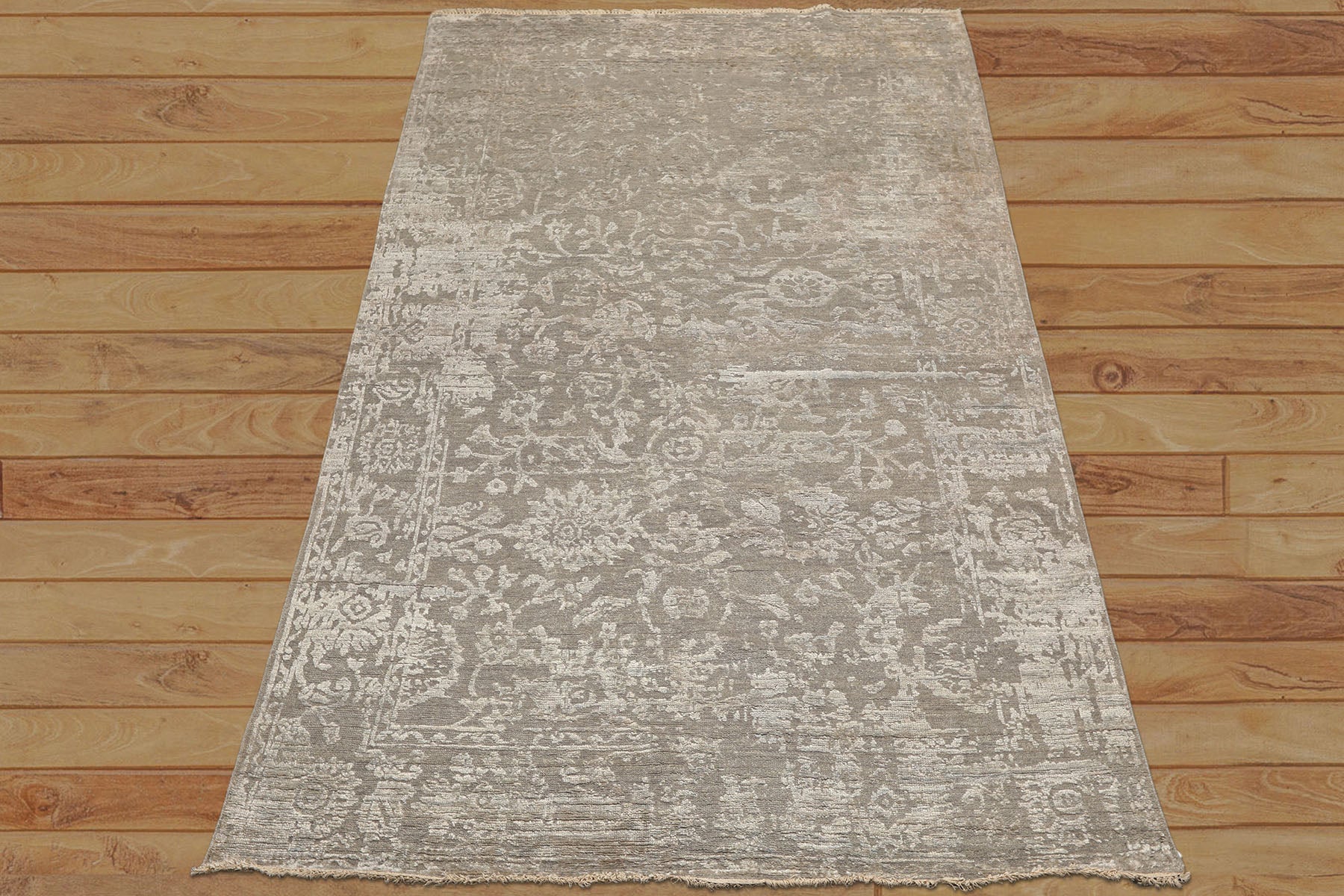 6x9 Tone on Tone Gray, , Color Hand Knotted Oushak Wool & Bamboo Silk Transitional Oriental Rug