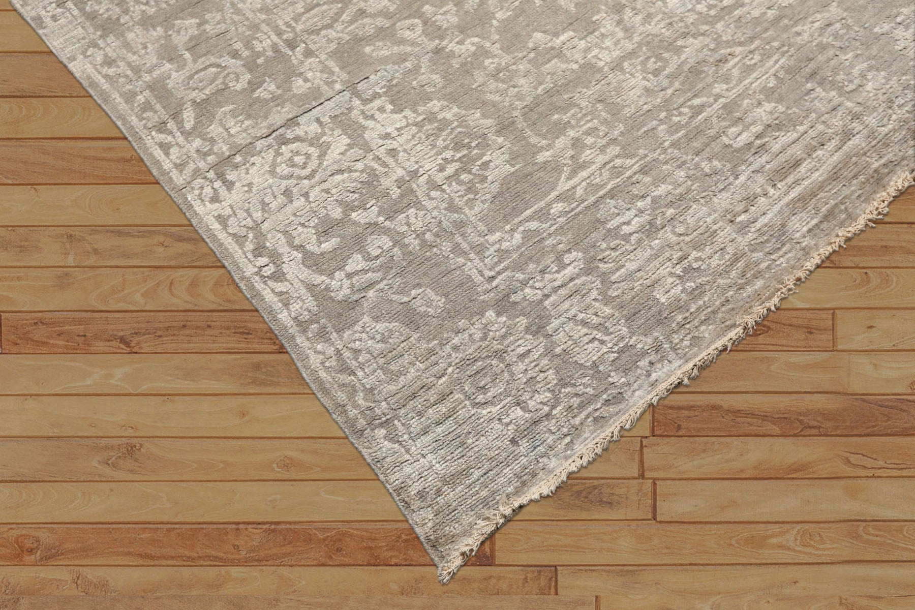 6x9 Tone on Tone Gray, , Color Hand Knotted Oushak Wool & Bamboo Silk Transitional Oriental Rug