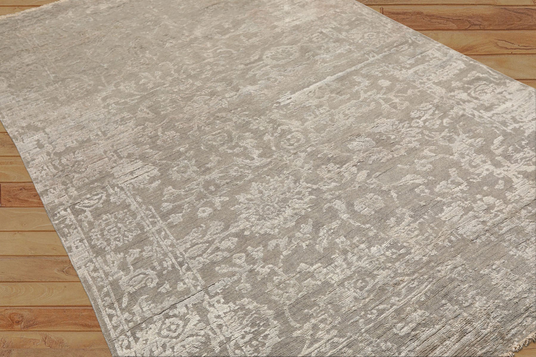 6x9 Tone on Tone Gray, , Color Hand Knotted Oushak Wool & Bamboo Silk Transitional Oriental Rug