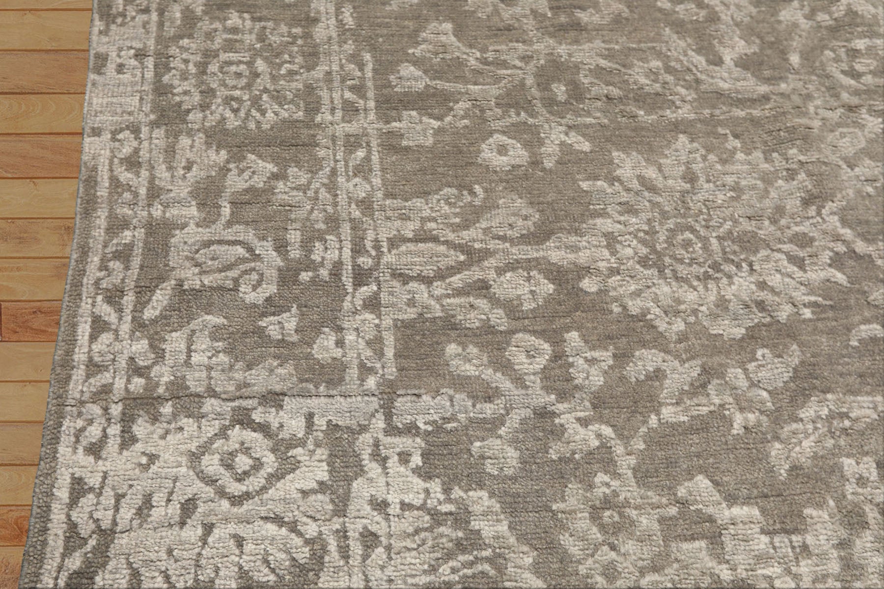 6x9 Tone on Tone Gray, , Color Hand Knotted Oushak Wool & Bamboo Silk Transitional Oriental Rug