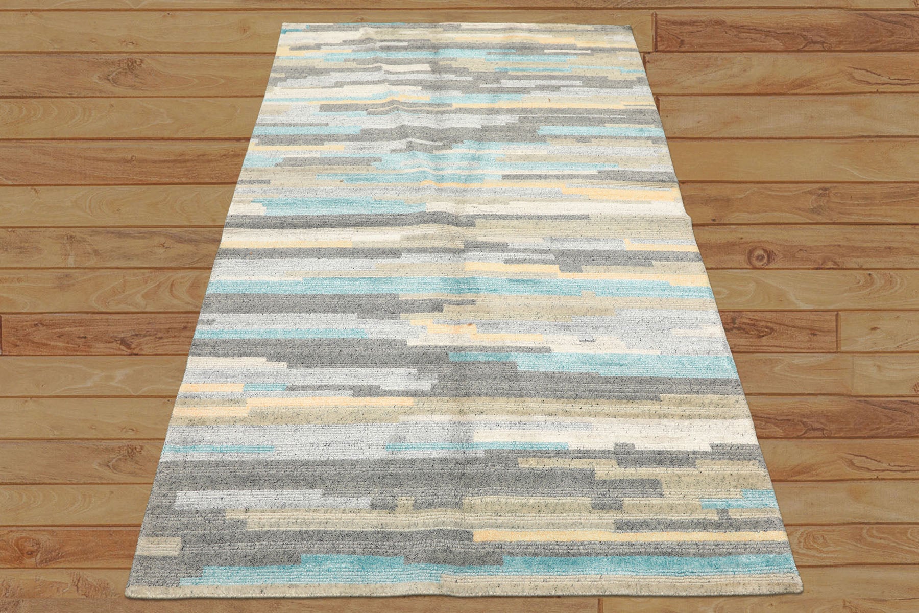 4x6 Aqua, Gray, Silver Color Hand Knotted Tibetan Wool & Bamboo Silk Modern & Contemporary Oriental Rug