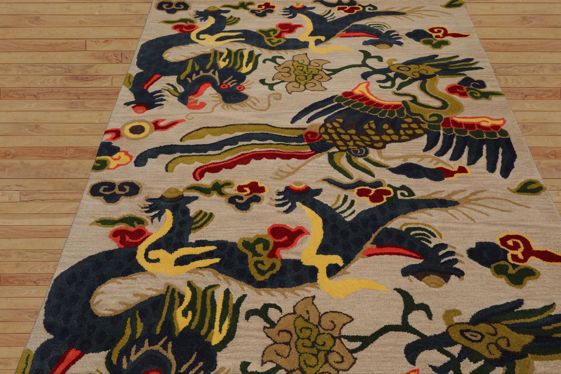 Multi Size Cream Teal Lime Color Hand Tufted Pictorial Wool Transitional Oriental Rug