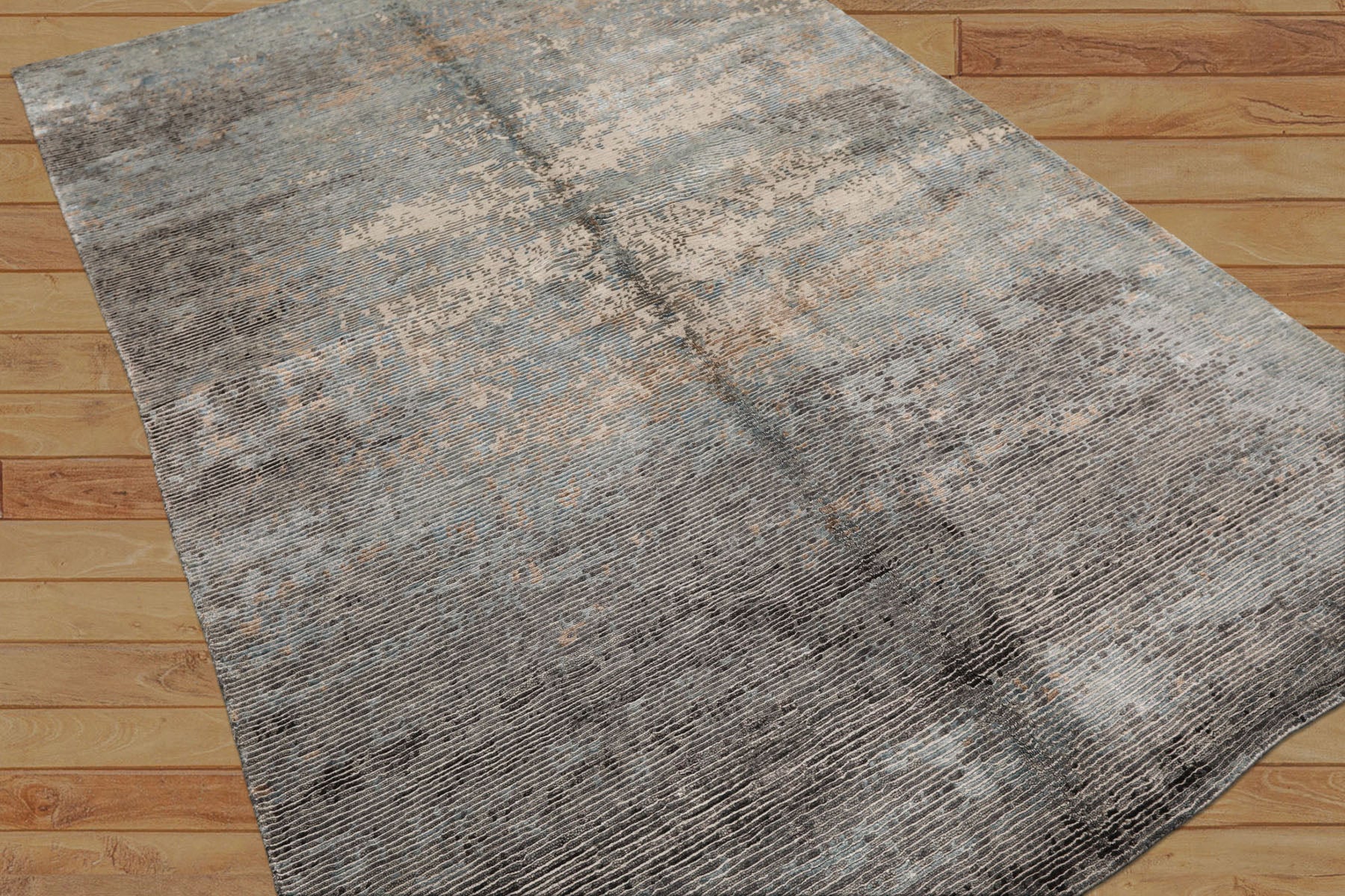 5x8 Aqua, Gray, Beige Color Hand Knotted Sherpa Wool & Bamboo Silk Modern & Contemporary Oriental Rug