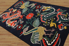 Multi Size Navy Coral Turquoise Color Hand Tufted Pictorial Wool Transitional Oriental Rug
