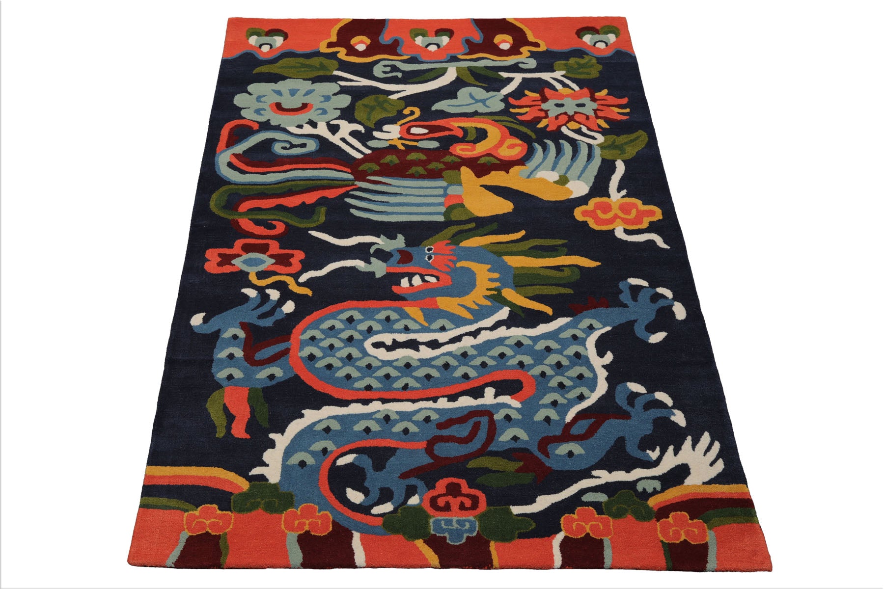Multi Size Navy Gold Blue Color Hand Tufted Pictorial Wool Transitional Oriental Rug