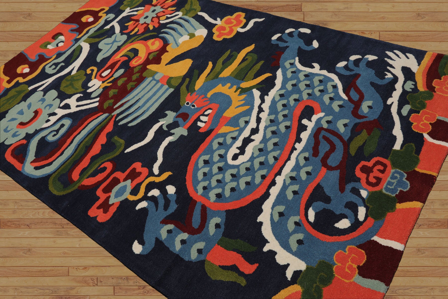 Multi Size Navy Gold Blue Color Hand Tufted Pictorial Wool Transitional Oriental Rug