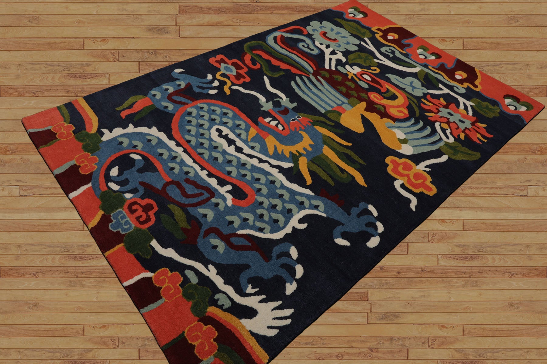 Multi Size Navy Gold Blue Color Hand Tufted Pictorial Wool Transitional Oriental Rug