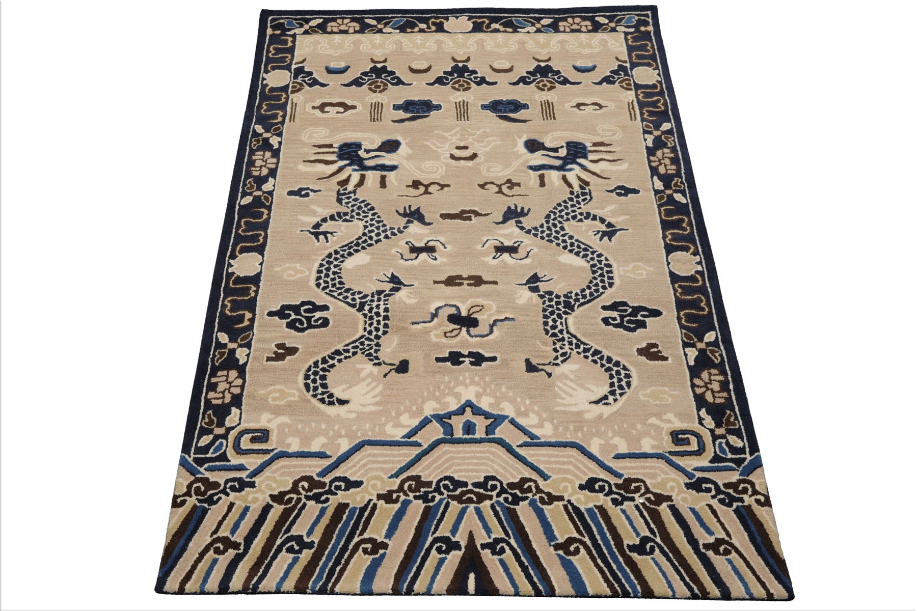 Multi Size Cream Blue Ivory Color Hand Tufted Pictorial Wool Transitional Oriental Rug