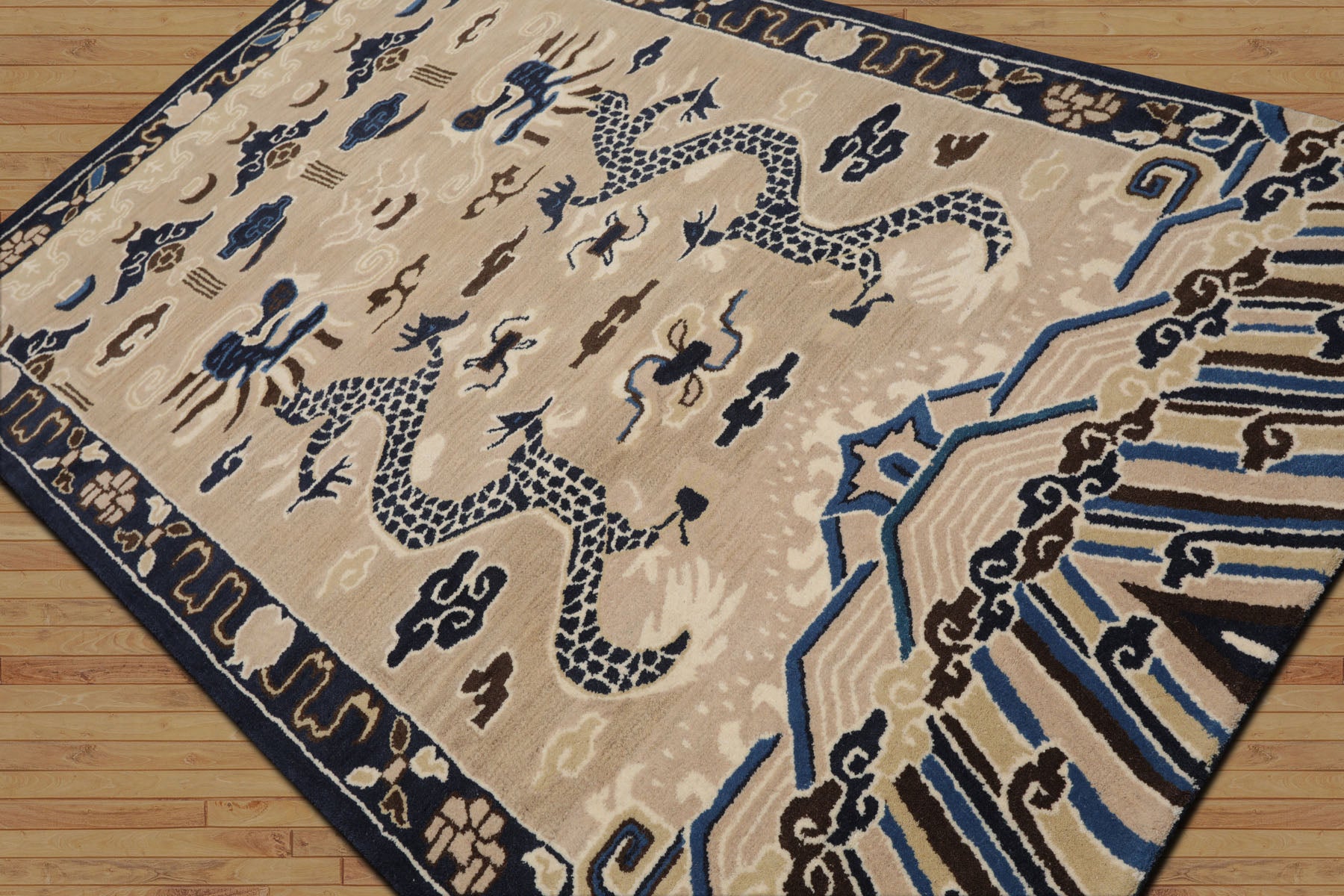 Multi Size Cream Blue Ivory Color Hand Tufted Pictorial Wool Transitional Oriental Rug