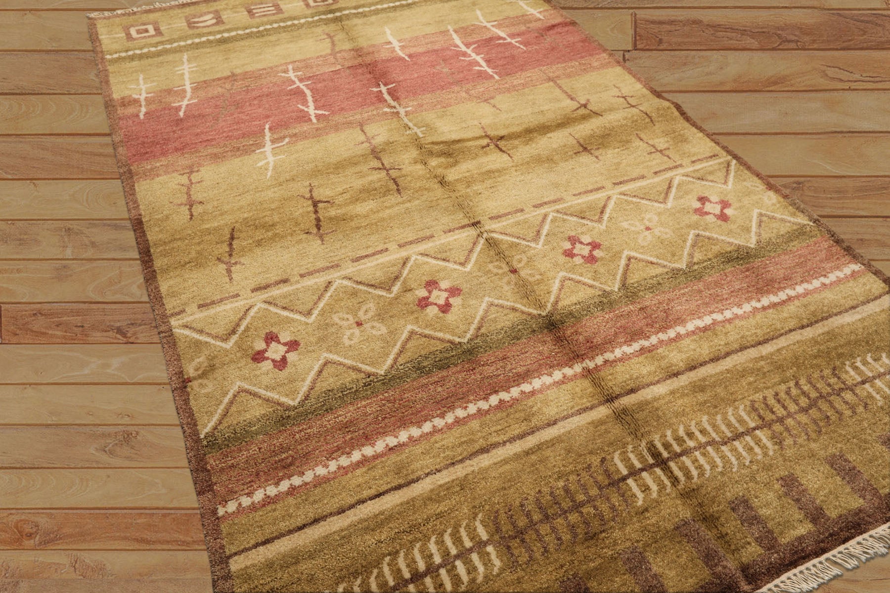 5x8 Moss, Rose, Brown Color Hand Knotted Tibetan New Zealand Wool Modern & Contemporary Oriental Rug