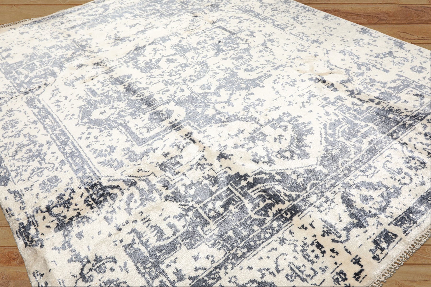 8x10 Ivory, Slate, Color Hand Knotted Oushak 100% Bamboo Silk Modern & Contemporary Oriental Rug
