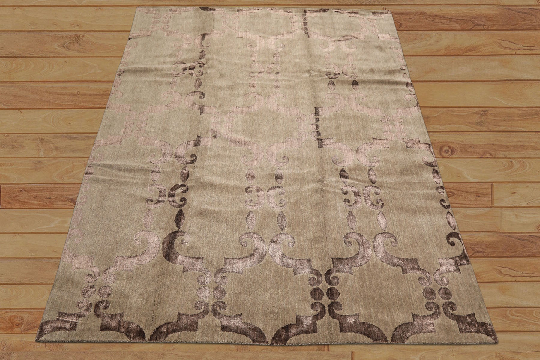 8x10 Gray, Taupe, Color Hand Loomed Tibetan Wool & Bamboo Silk Transitional Oriental Rug