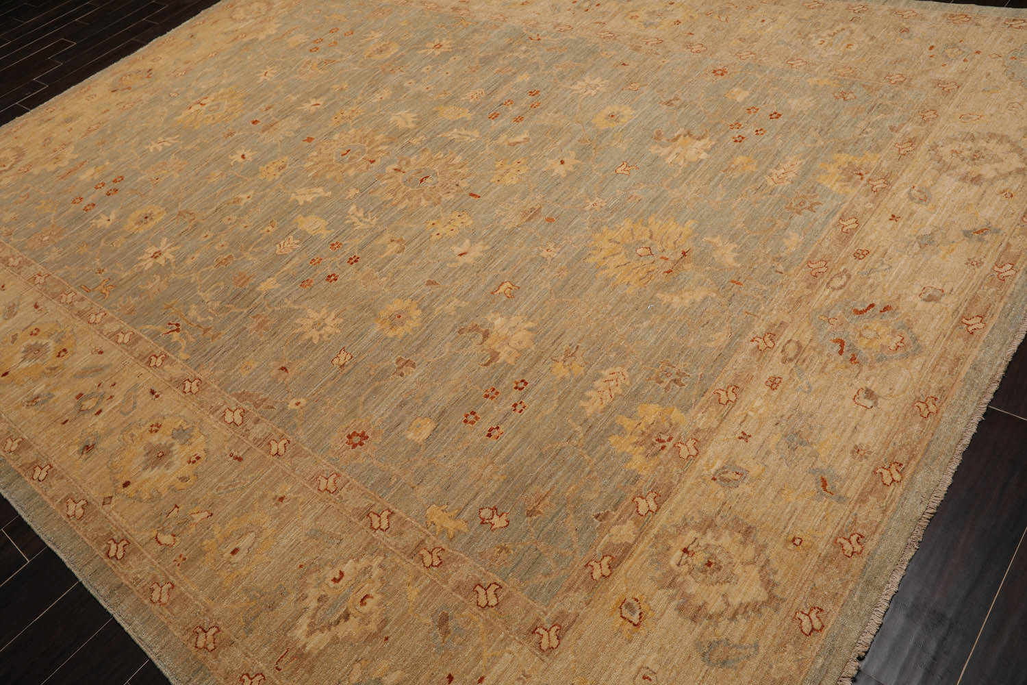 9x12 Aqua, Ivory, Rose Color Hand Knotted All-Over 100% Wool Traditional Oriental Rug