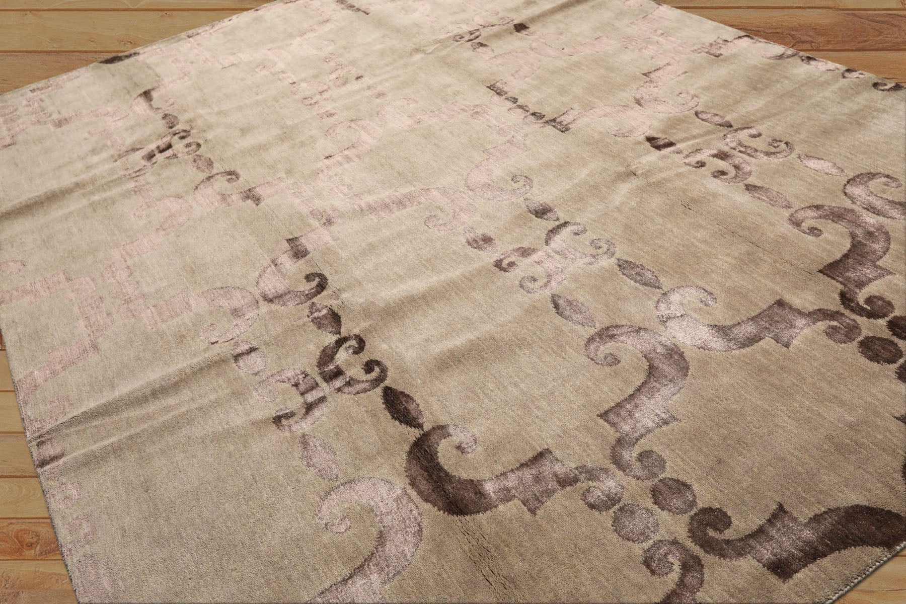 8x10 Gray, Taupe, Color Hand Loomed Tibetan Wool & Bamboo Silk Transitional Oriental Rug