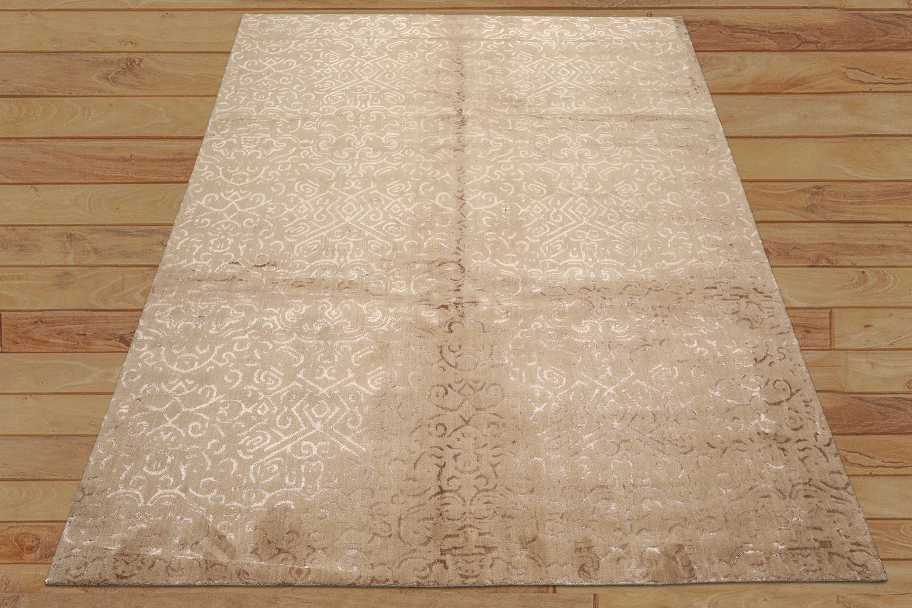 8x10 Beige, Taupe, Color Hand Knotted Tibetan Wool & Bamboo Silk Transitional Oriental Rug