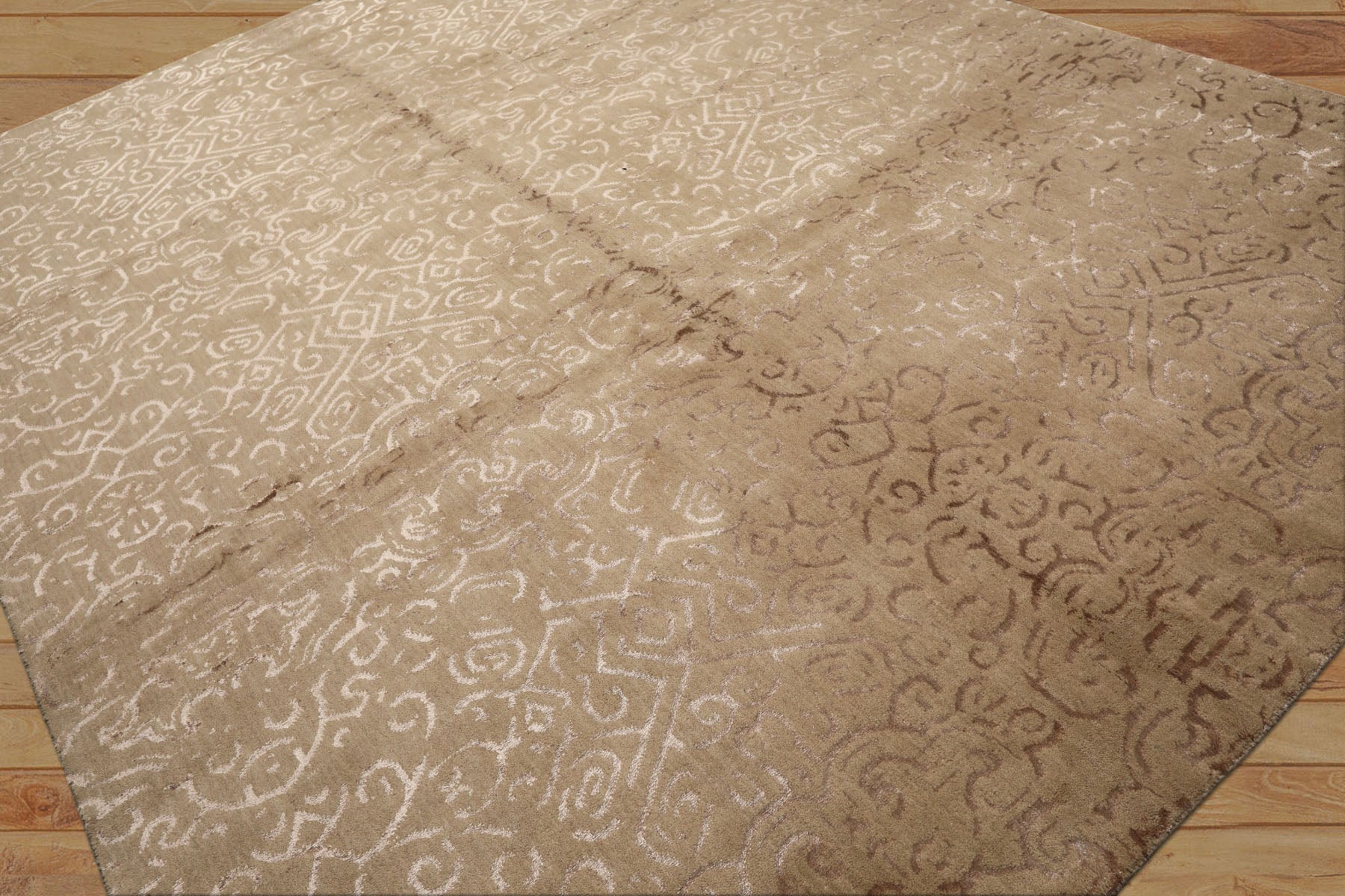 8x10 Beige, Taupe, Color Hand Knotted Tibetan Wool & Bamboo Silk Transitional Oriental Rug