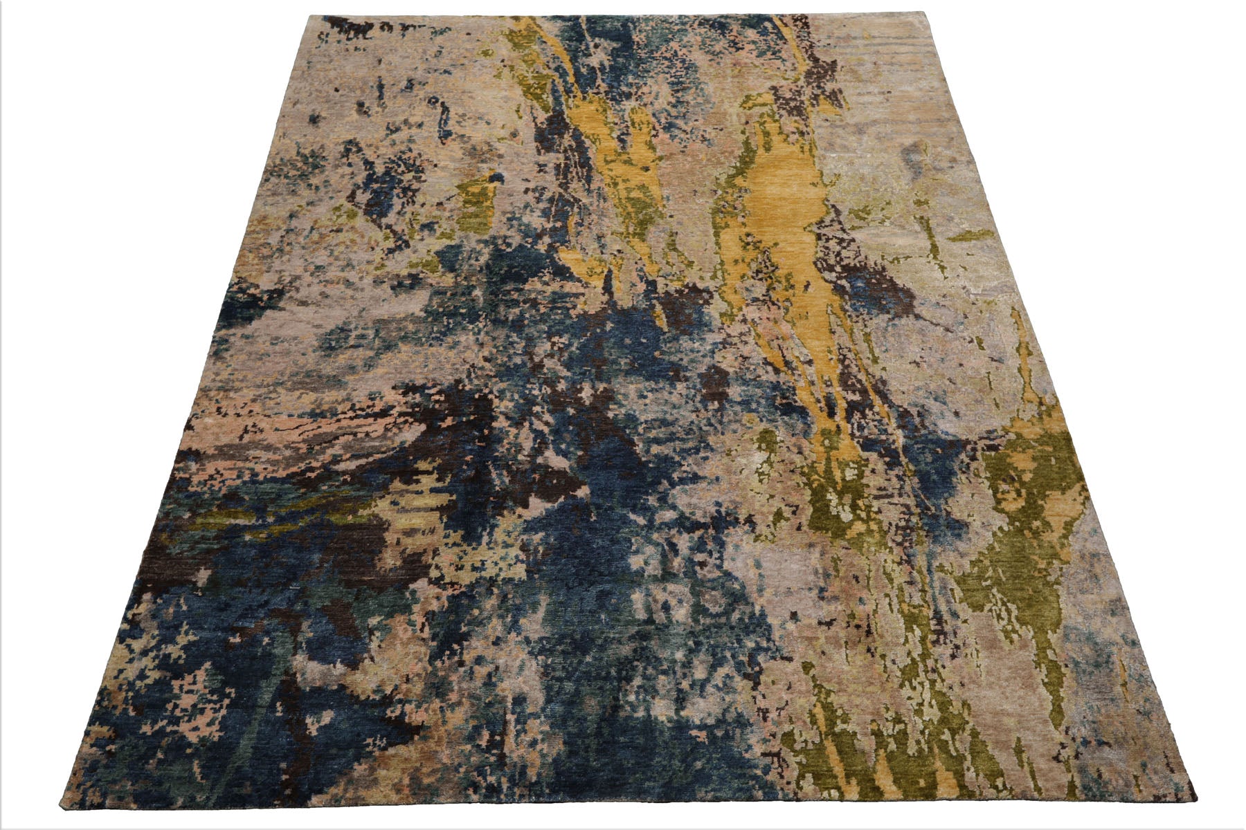 8x10 Beige, Blue, Gold Color Hand Knotted Sherpa Wool and Silk Modern Oriental Rug