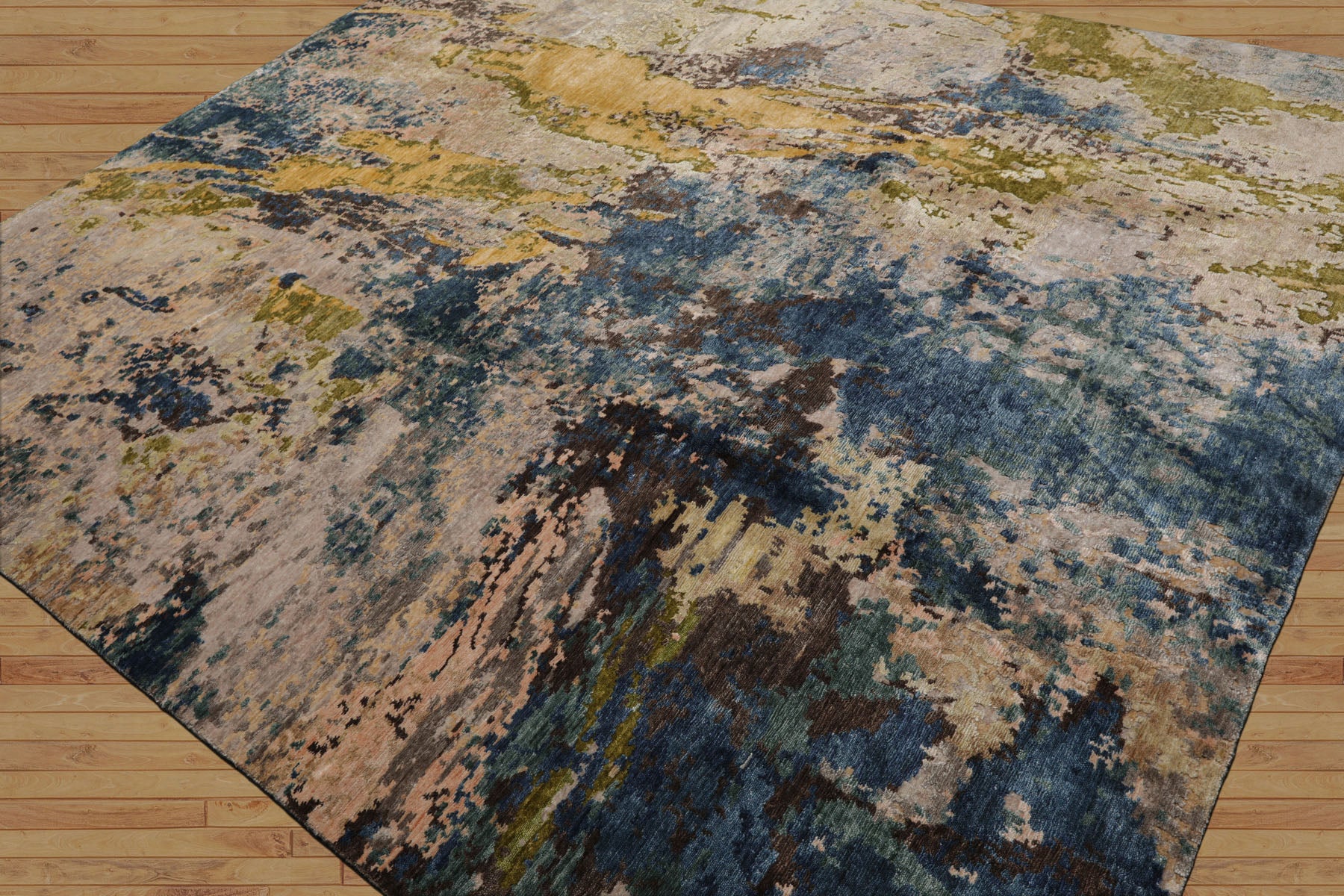 8x10 Beige, Blue, Gold Color Hand Knotted Sherpa Wool and Silk Modern Oriental Rug