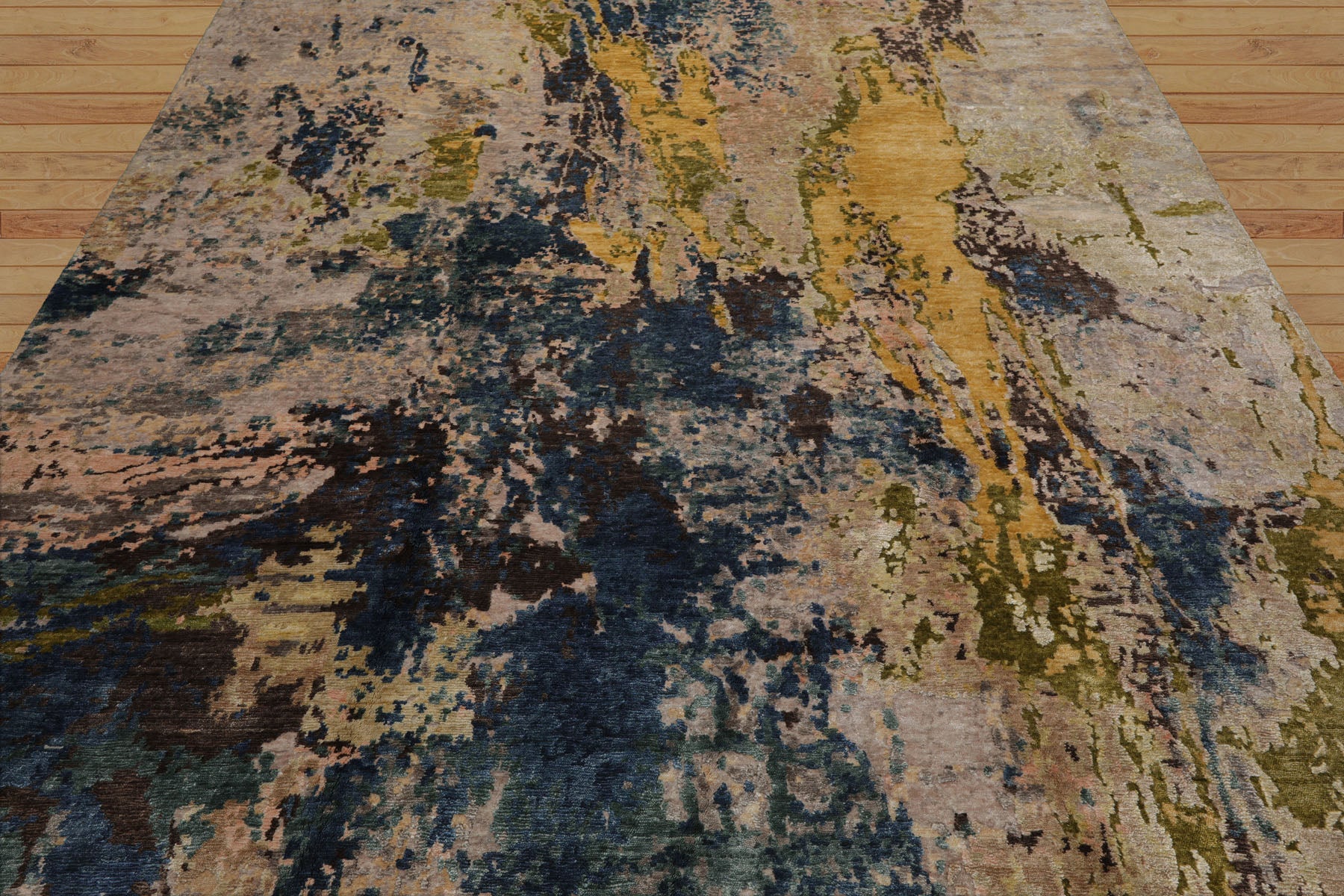 8x10 Beige, Blue, Gold Color Hand Knotted Sherpa Wool and Silk Modern Oriental Rug
