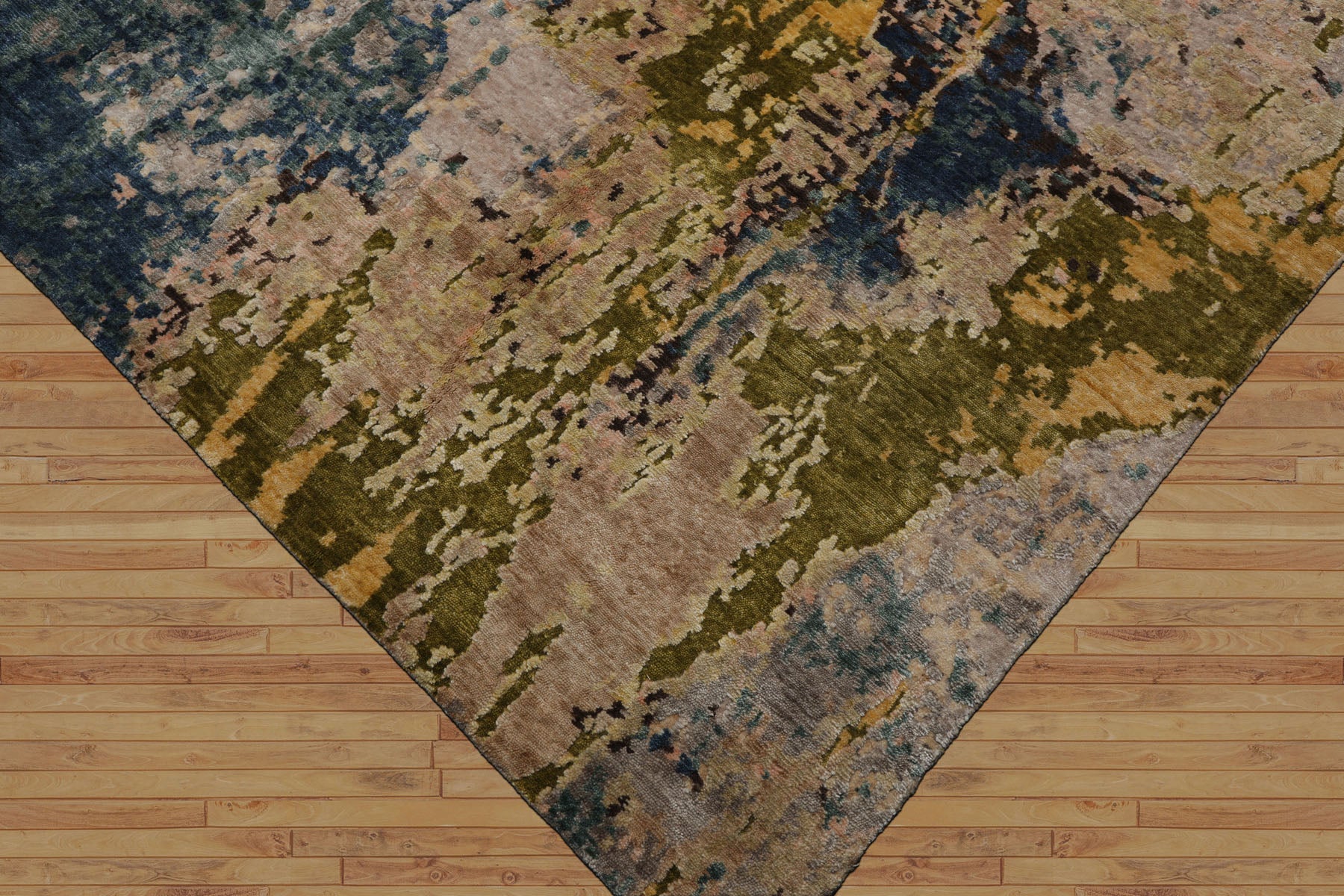 8x10 Beige, Blue, Gold Color Hand Knotted Sherpa Wool and Silk Modern Oriental Rug