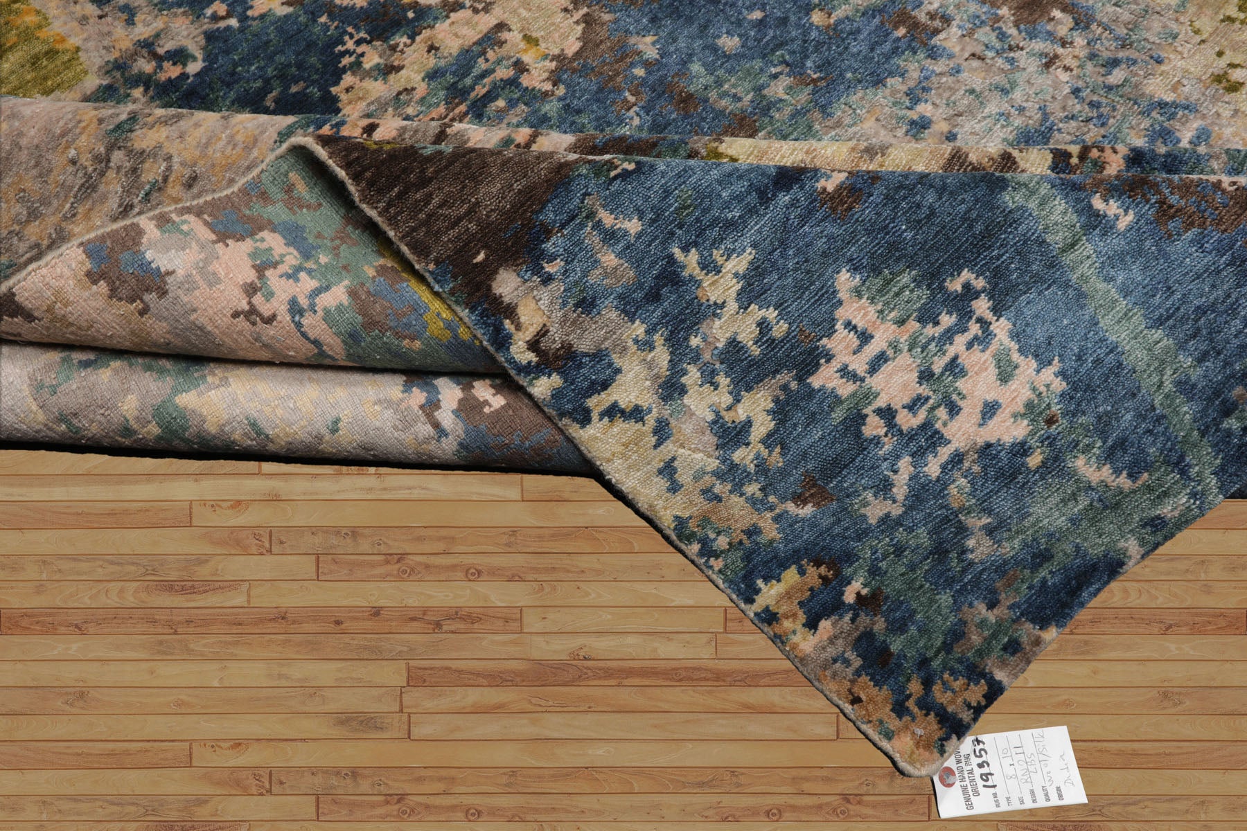 8x10 Beige, Blue, Gold Color Hand Knotted Sherpa Wool and Silk Modern Oriental Rug