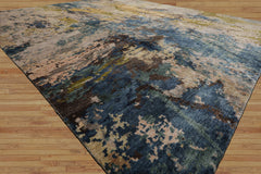 8x10 Beige, Blue, Gold Color Hand Knotted Sherpa Wool and Silk Modern Oriental Rug